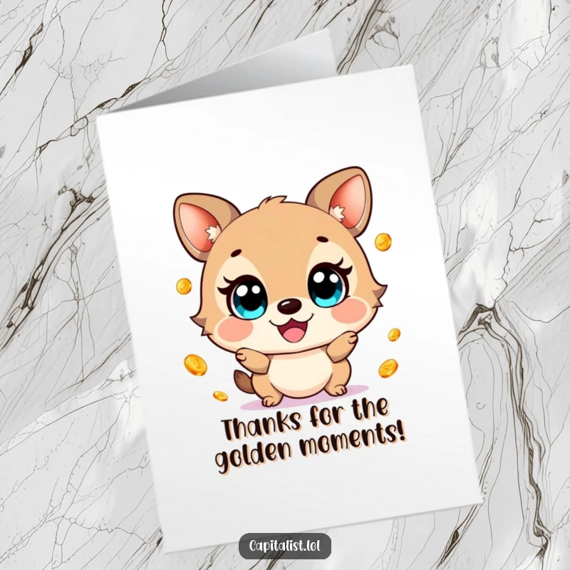Funny Free Printable Thank You Card: Wide-eyed animal gleefully juggles gold coins, expressing abundant gratitude with humor.