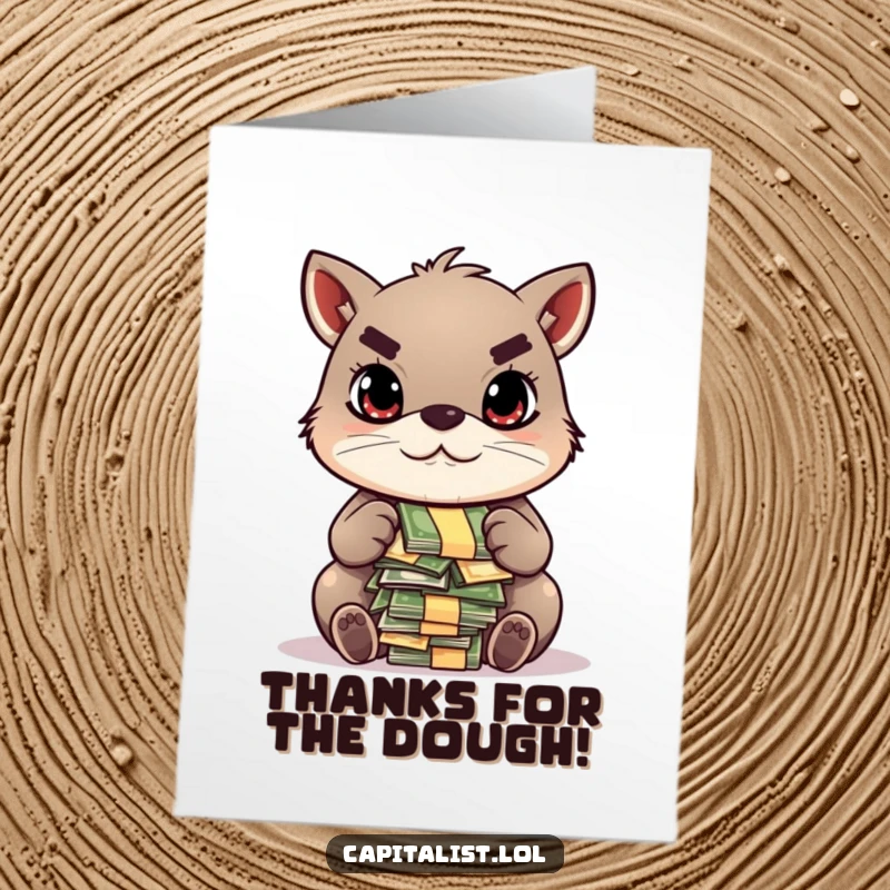 Funny Free Printable Thank You Card: Determined animal focuses intently on counting a big pile of colorful bills.