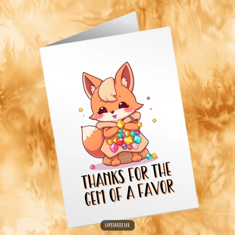 Funny Free Printable Thank You Card: Energetic Fox Sprite clutching bags of precious gems, conveying heartfelt thanks with a grin.