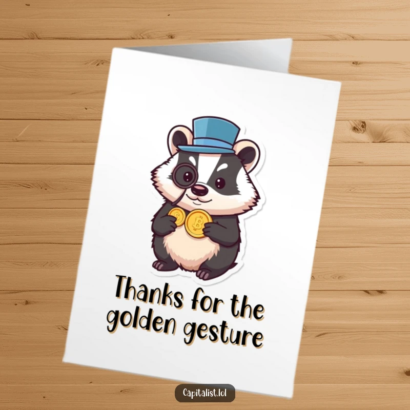 Funny Free Printable Thank You Card: Small, round badger in a top hat and monocle, holding a gold coin, expressing sincere gratitude.
