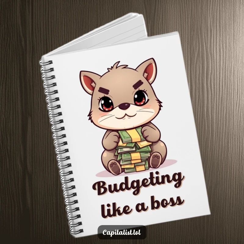 Funny notebook cover with a determined animal's focused gaze, counting a pile of colorful bills, perfect for jotting down financial plans.