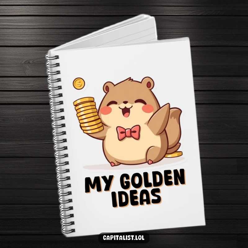 Funny notebook featuring a plump, brown animal in a tiny bowtie, excitedly holding a stack of stylized coins, for financial planning.