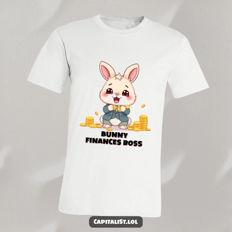 Funny t-shirt with a fluffy bunny in a suit, eyes sparkling as it gleefully counts a hoard of coins, embodying financial excitement.