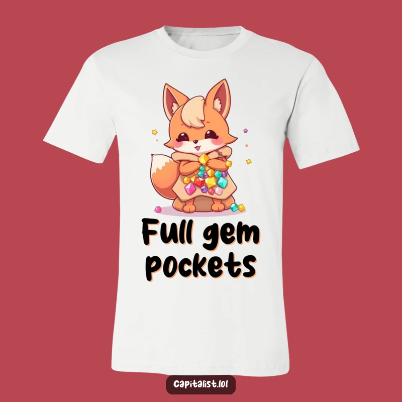 Funny Fox Gem Hoarder T-Shirt: Energetic Sprite with Jewel Bags, Hilarious & Quirky Apparel