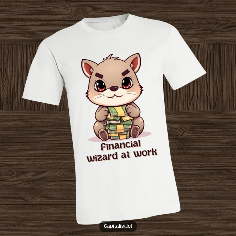 Funny t-shirt featuring a determined animal with a laser-focused gaze, meticulously counting stacks of colorful bills, symbolizing financial success and humor.