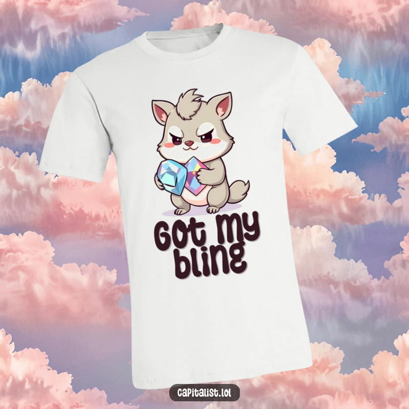 Funny t-shirt featuring a slightly greedy animal with a mischievous grin, possessively clutching a large, sparkling gemstone, symbolizing lust for riches.