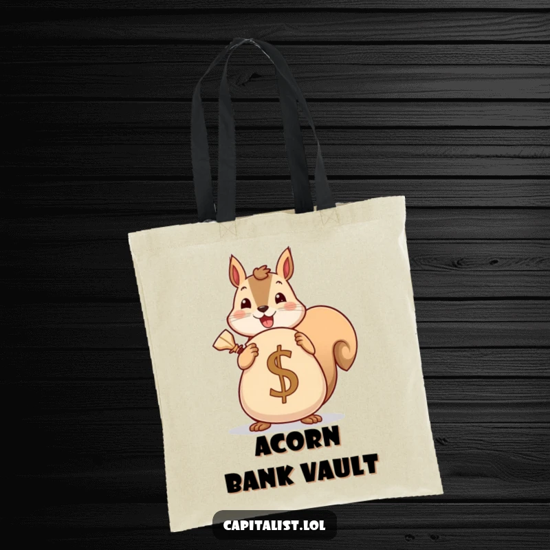 Funny tote bag showcasing a cheerful squirrel carrying a large burlap sack prominently marked with a currency symbol, symbolizing wealth accumulation.